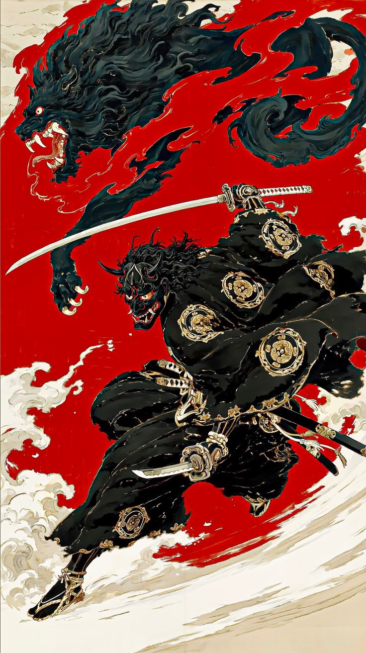 Dragon Hill house art — ink-and-red warrior print